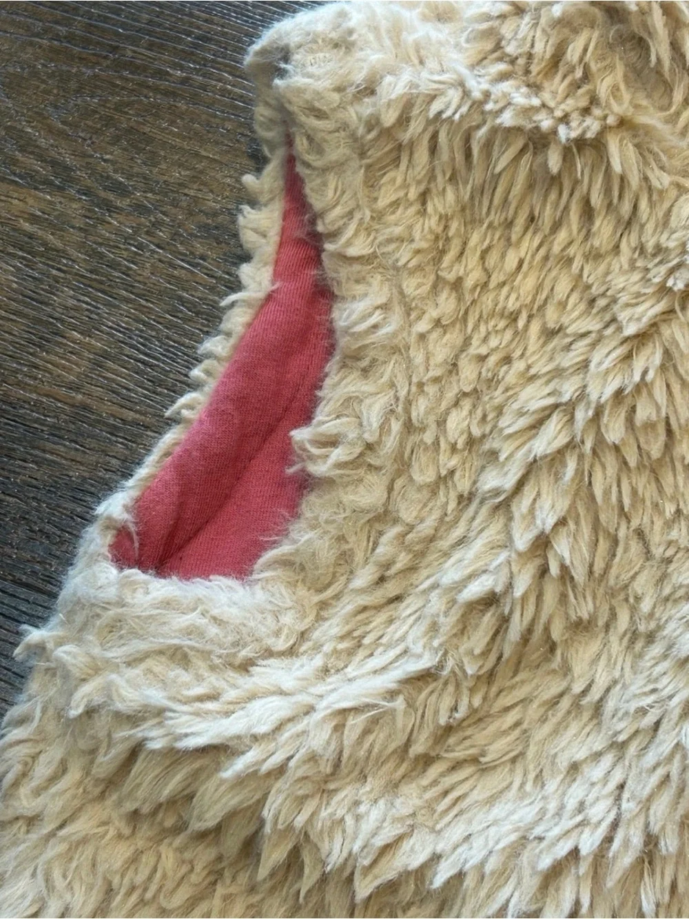 Mini Boden Cream Sherpa Hooded Vest with Pink Lining 7/8